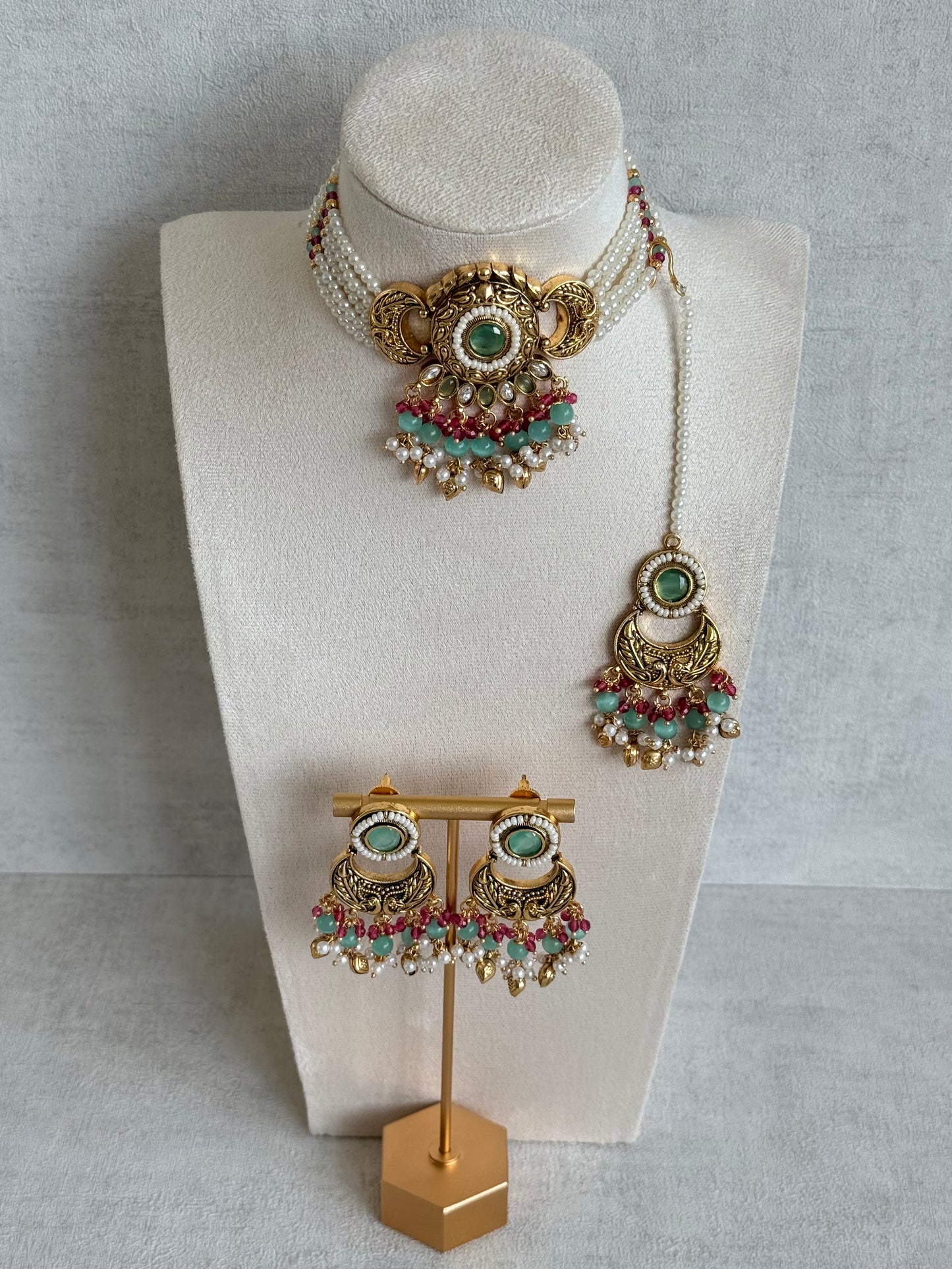 Ayura Designs Mehr Choker Set with Earrings & Tikka – Mint Green Stones, Ruby Pink Beads, Pearl Strands & Antique Gold Finish