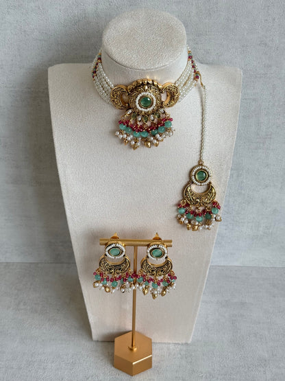Ayura Designs Mehr Choker Set with Earrings & Tikka – Mint Green Stones, Ruby Pink Beads, Pearl Strands & Antique Gold Finish