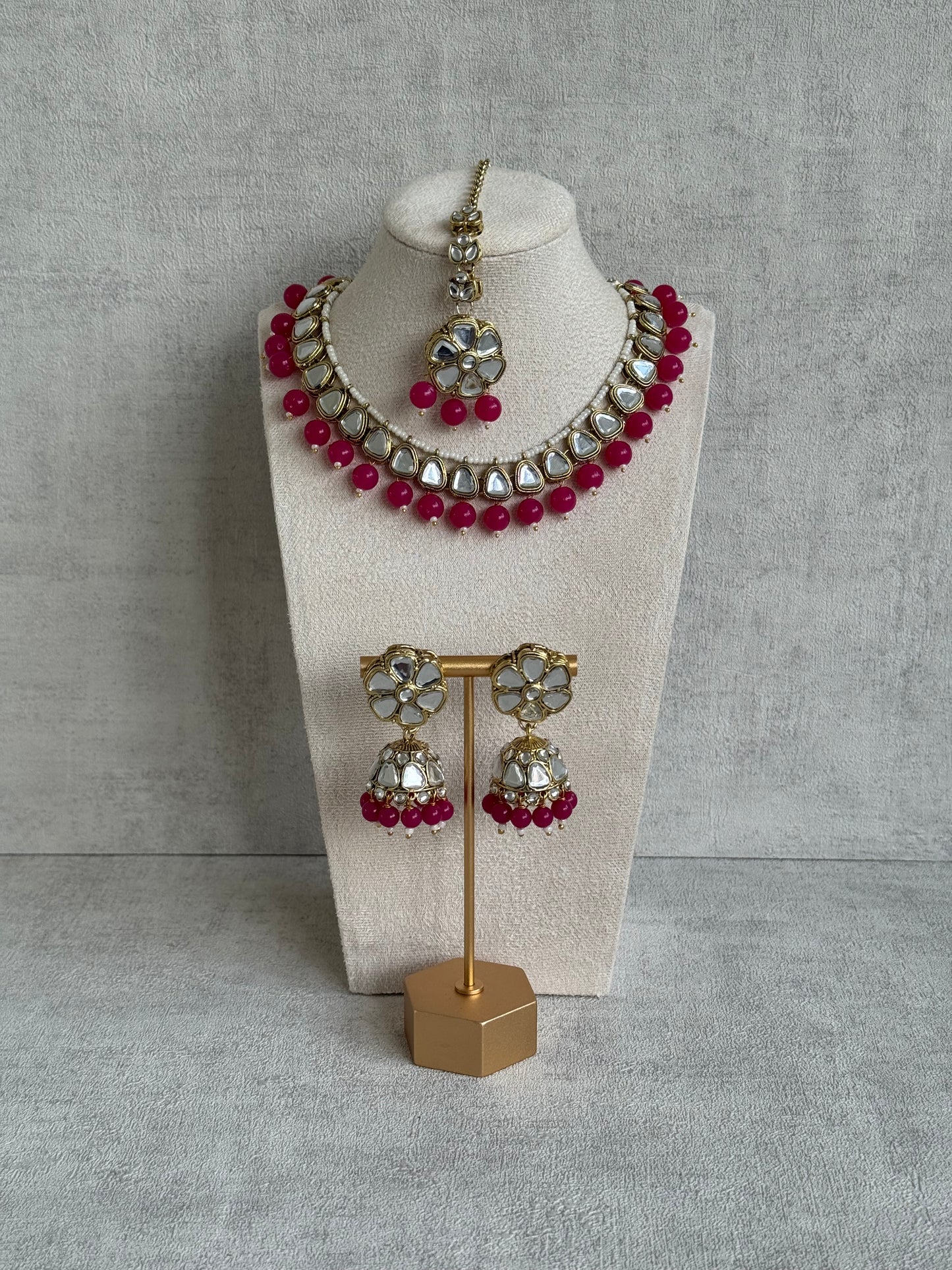 Ayura Designs Mishal Set with Jhumkis & Tikka – Fuchsia Beads & Mirror-Cut Stones