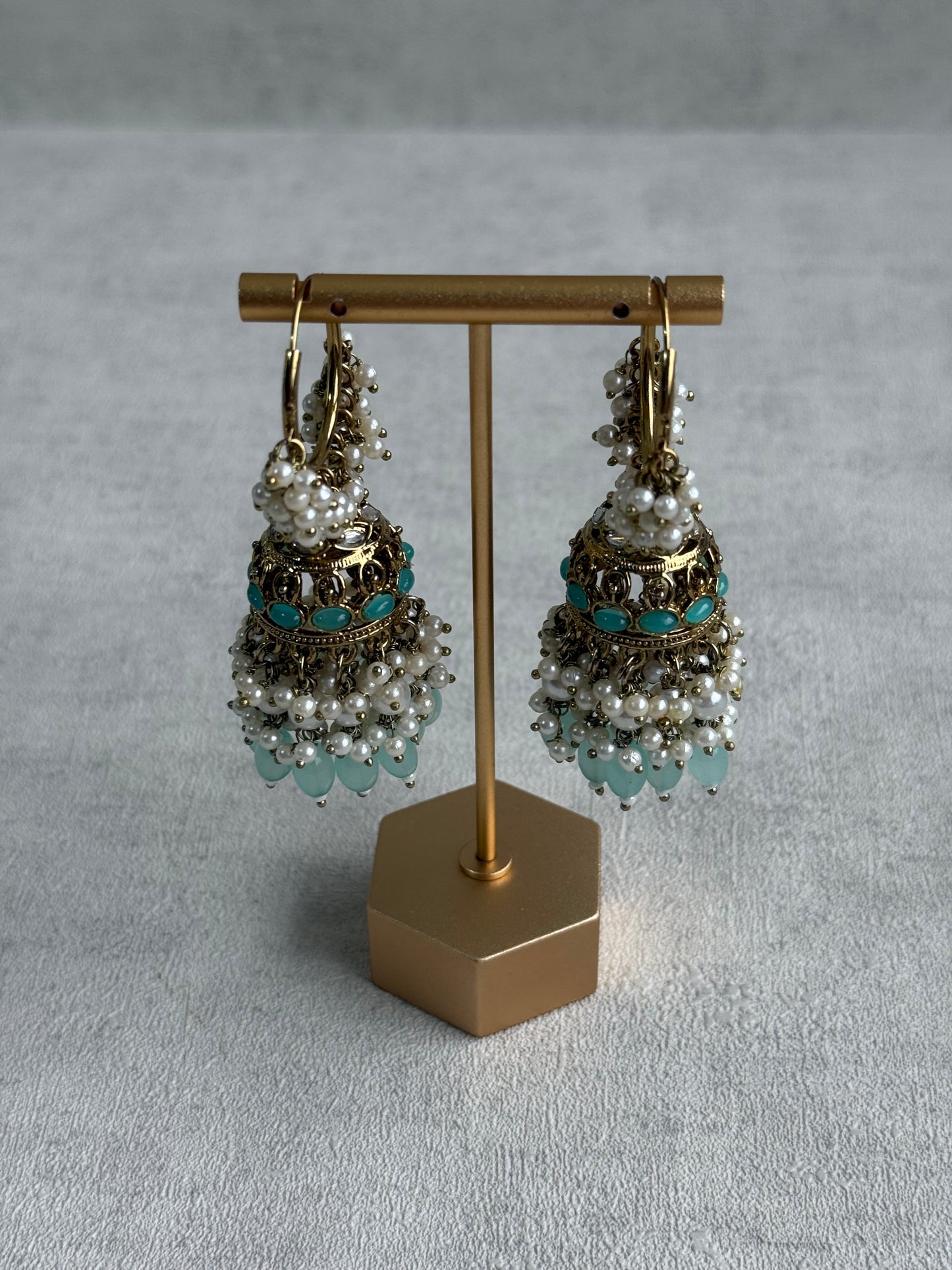 Ayura Designs Jugni Jhumkis – Antique Gold Balis with Aqua Beads & Pearl Clusters