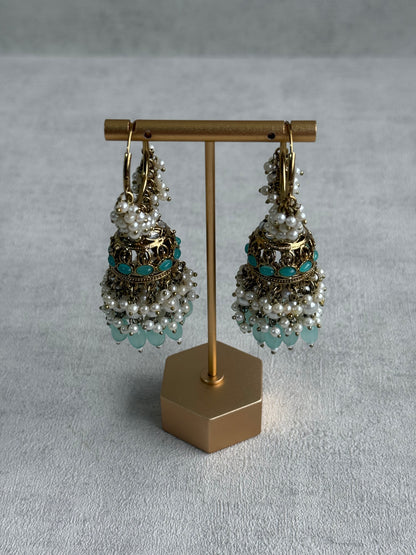 Ayura Designs Jugni Jhumkis – Antique Gold Balis with Aqua Beads & Pearl Clusters