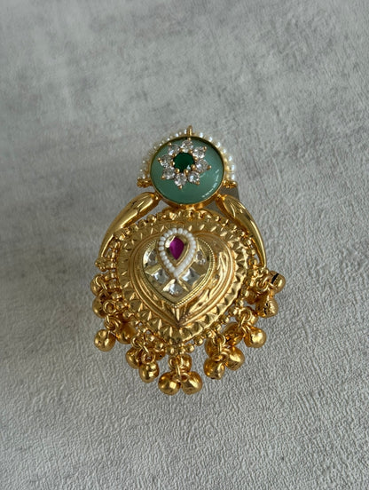 Ayura Designs Sorcha Adjustable Ring – Rose Pink Enamel, Pearl Detailing, Antique Gold & Mirror-Cut Stones