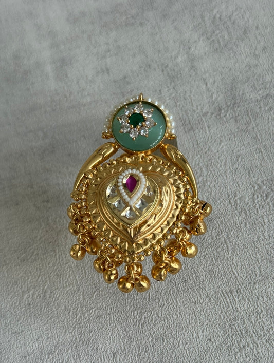 Ayura Designs Sorcha Adjustable Ring – Pistachio Green Enamel, Pearl Detailing, Antique Gold & Mirror-Cut Stones