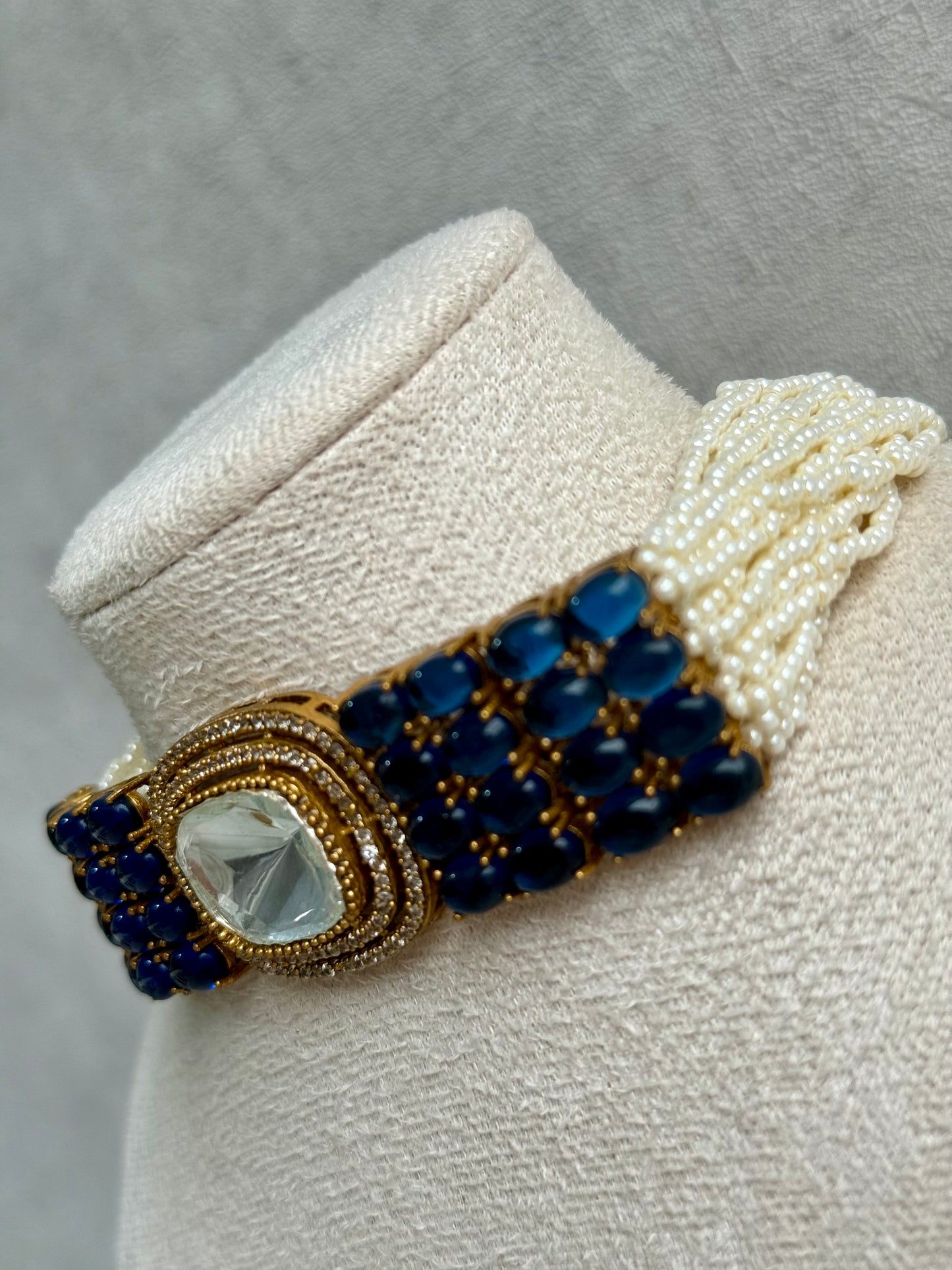 Ayura Designs Emma Choker Set – Sapphire Blue Gemstone Choker & Studs with Mirror-Cut Centrepiece, Pearl Strands & Crystal Borders