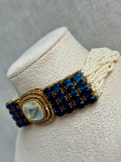 Ayura Designs Emma Choker Set – Sapphire Blue Gemstone Choker & Studs with Mirror-Cut Centrepiece, Pearl Strands & Crystal Borders