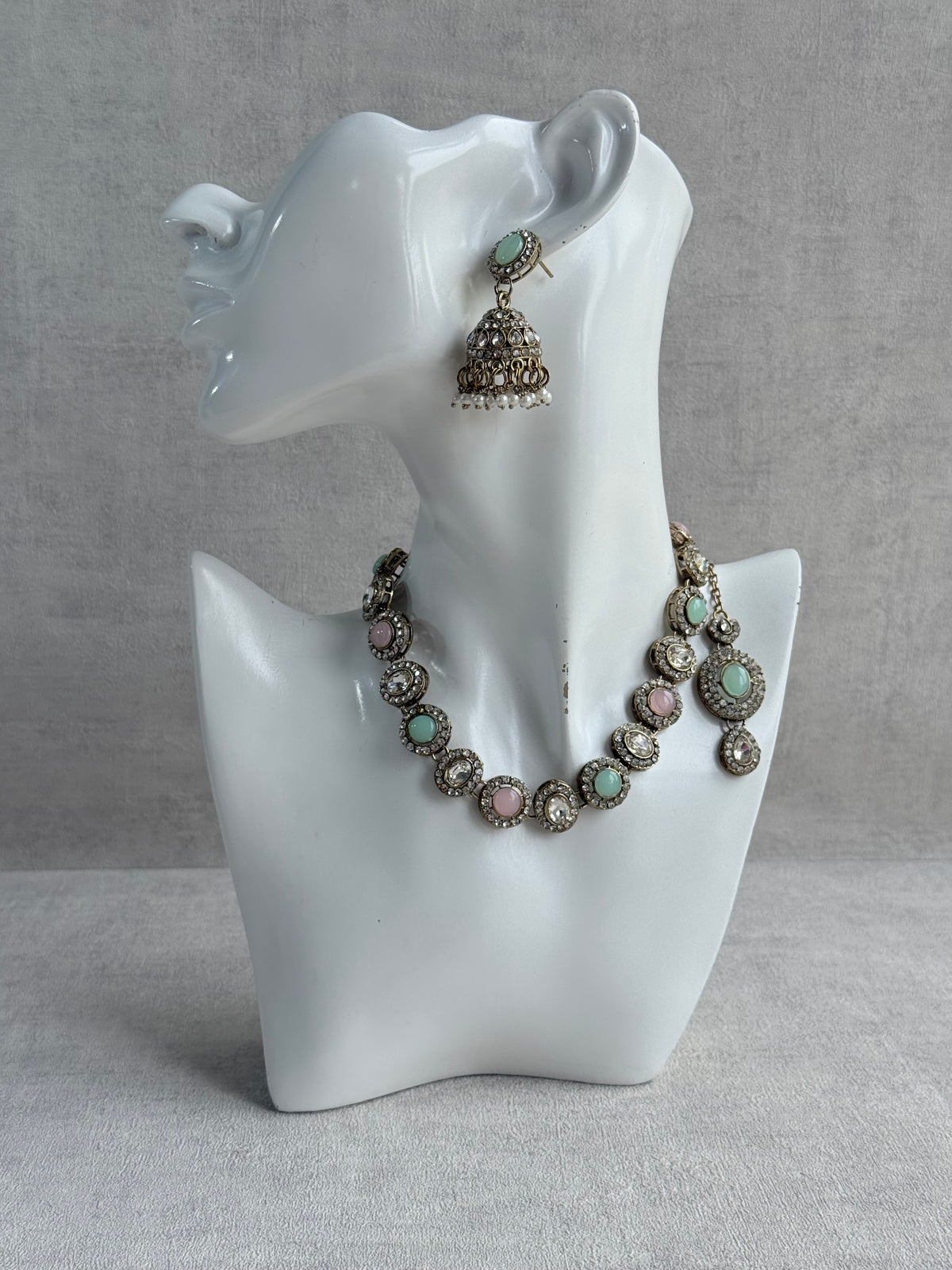 Ayura Designs Eira Necklace Set with Earrings & Tikka – Blush Pink, Mint Green & Crystal Stones with Antique Gold Finish