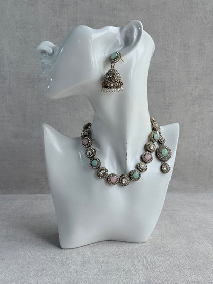 Ayura Designs Eira Necklace Set with Earrings & Tikka – Blush Pink, Mint Green & Crystal Stones with Antique Gold Finish