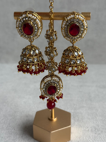 Ayura Designs Muskaan Set – Choker, Jhumkis & Tikka with Ruby Red Beads, Kundan Stones & Antique Gold Finish