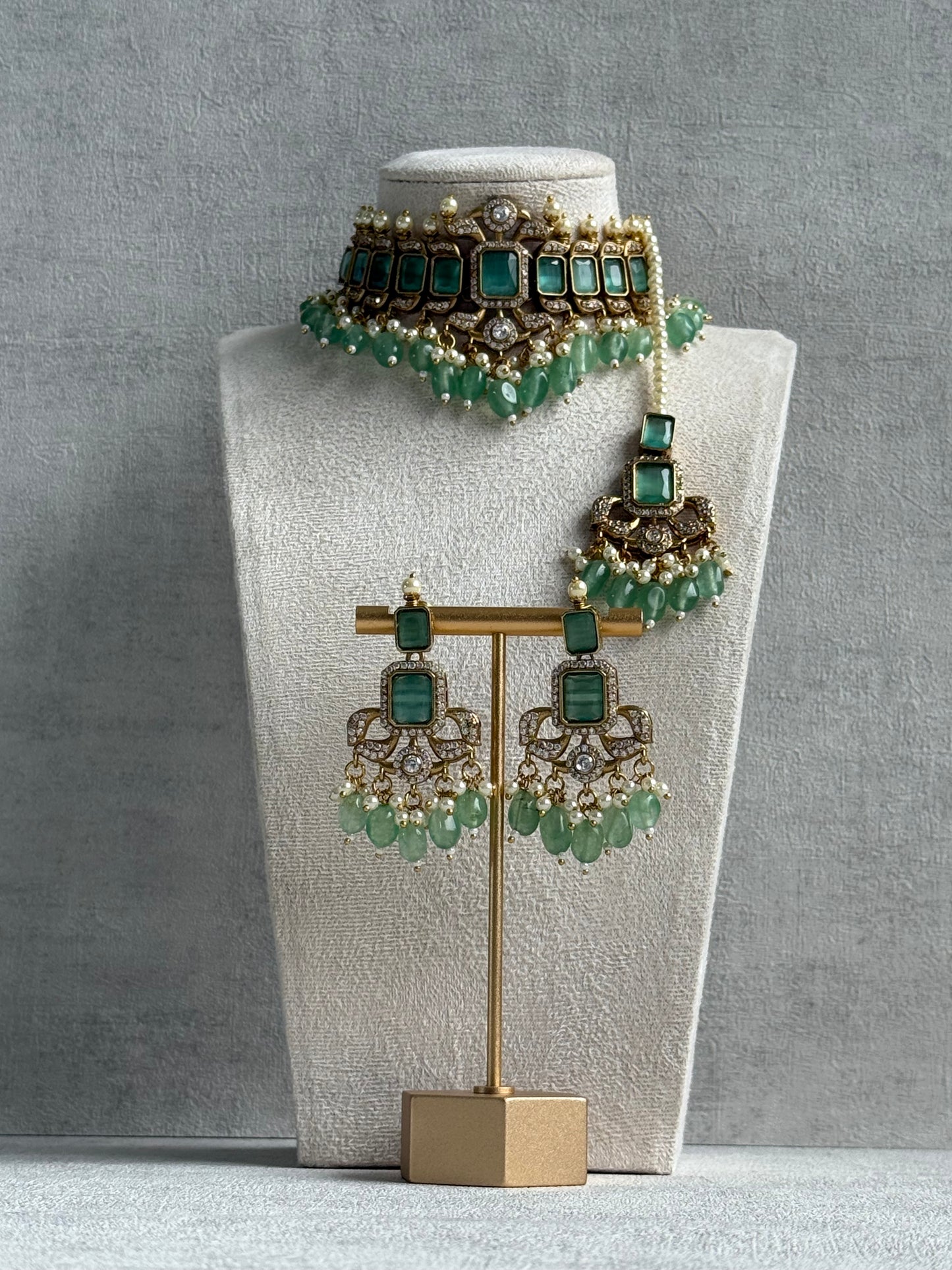 Ayura Designs Esme Set – Antique Gold Choker with Mint Green Stones, Pearls & Crystal Detailing
