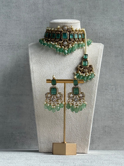 Ayura Designs Esme Set – Antique Gold Choker with Mint Green Stones, Pearls & Crystal Detailing