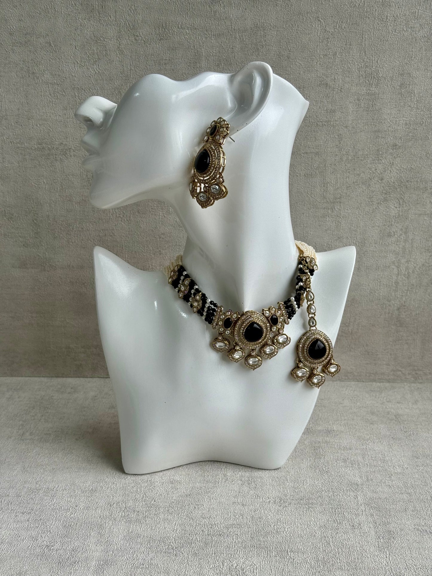 Ayura Designs Rahi Necklace Set with Earrings & Tikka – Black Stones with Mirror-Cut Detailing & Pearl Strands
