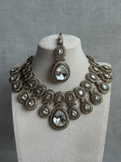 Ayura Designs Aurora Set with Earrings & Tikka – Peach & Ivory Stone with Mirror-Cut Accents in Antique Gold Finish