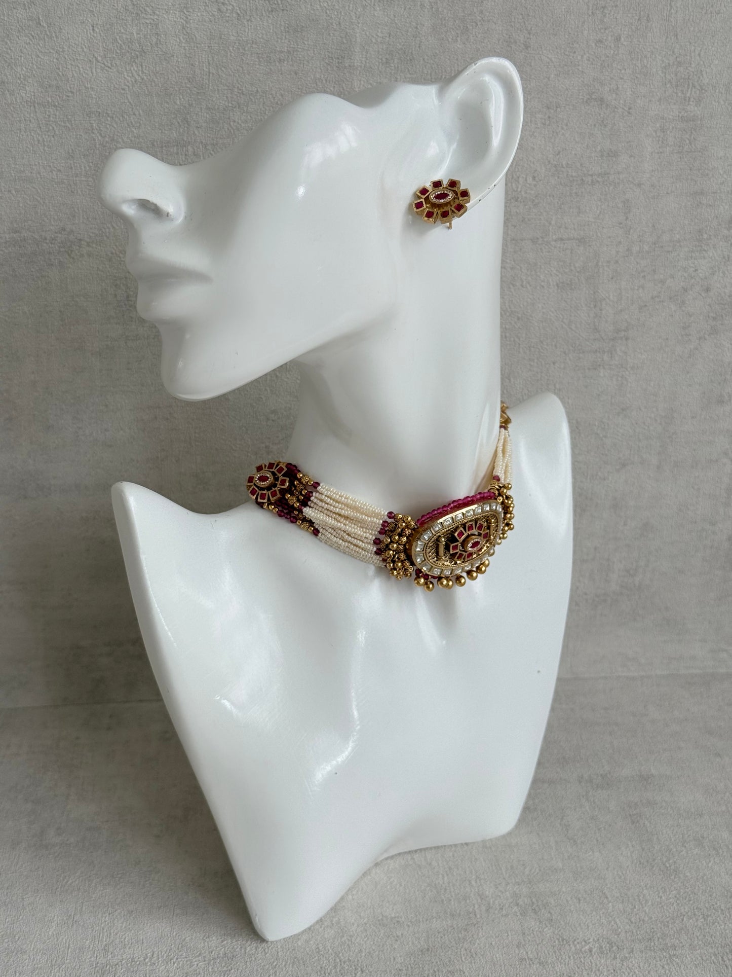 Ayura Designs Amiri Choker Set with Stud Earrings – Ruby Pink Stones, Pearl Strands & Moissanite Detailing