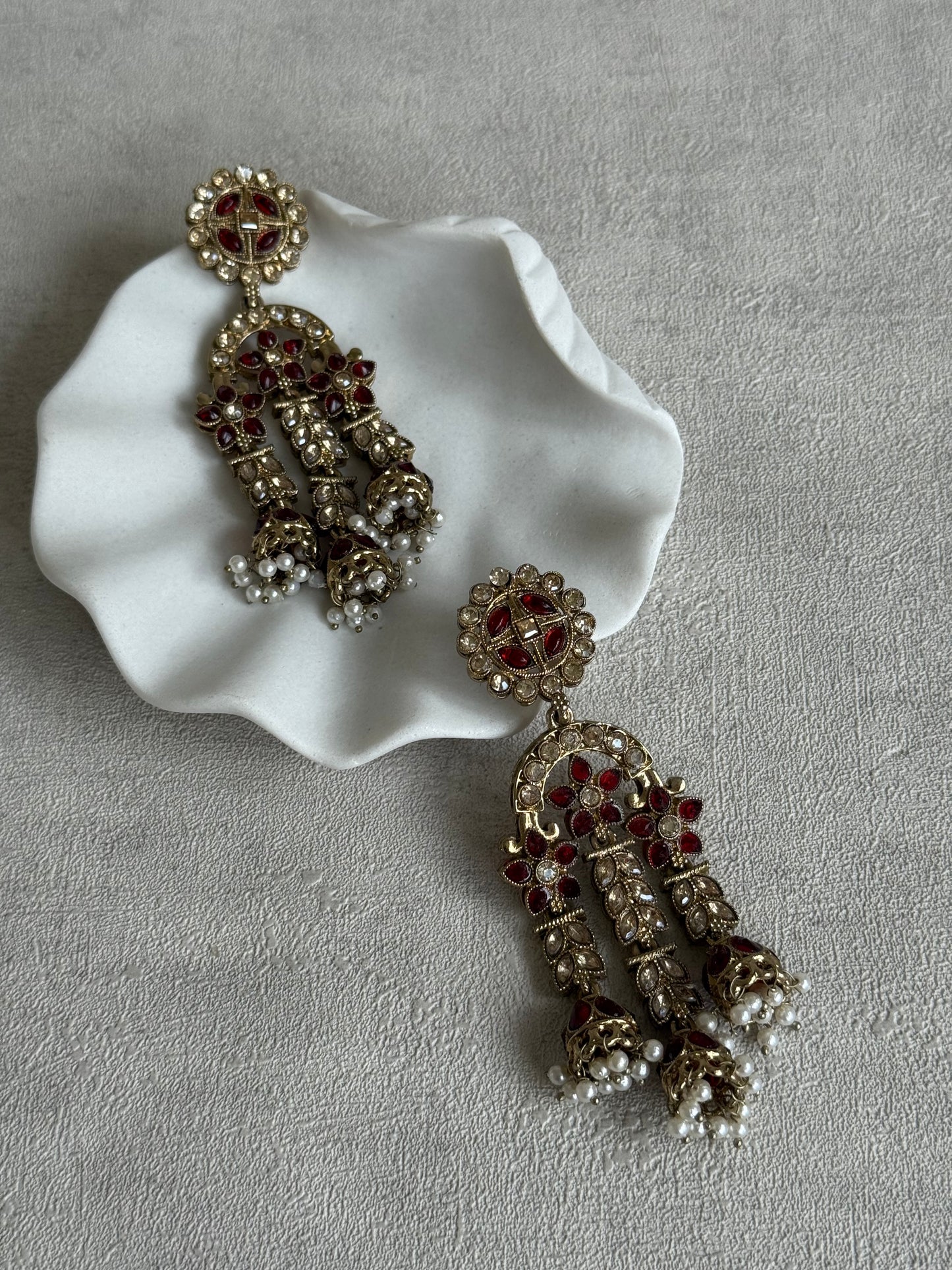 Ayura Designs Soraya Earrings – Ruby Red Stones, Champagne Crystals, Pearl Detailing & Gold Finish