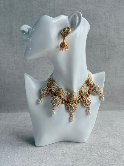Ayura Designs Kesar Necklace Set with Jhumkis – Multi-Strand Ivory Pearl Design, Kundan Stones & Gold Finish