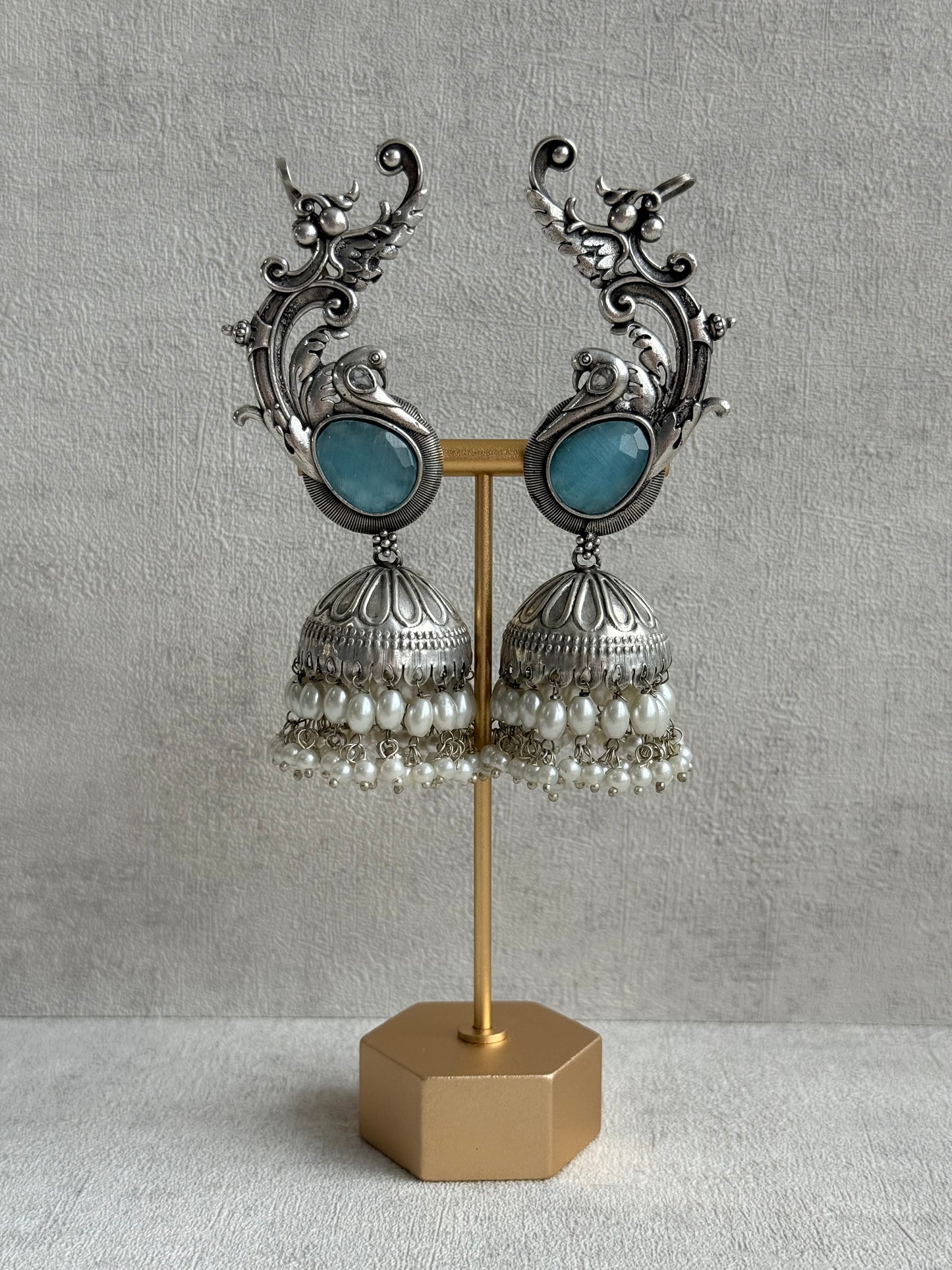 Ayura Designs Manzil Earrings – Oxidised Silver Ear Cuff Jhumkis with Aqua Stones & Pearl Detailing
