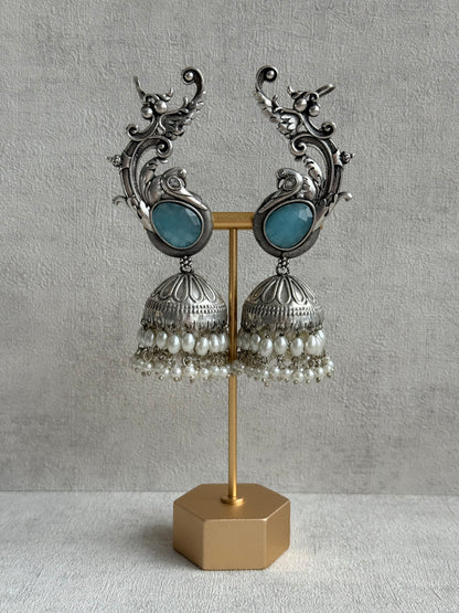 Ayura Designs Manzil Earrings – Oxidised Silver Ear Cuff Jhumkis with Aqua Stones & Pearl Detailing