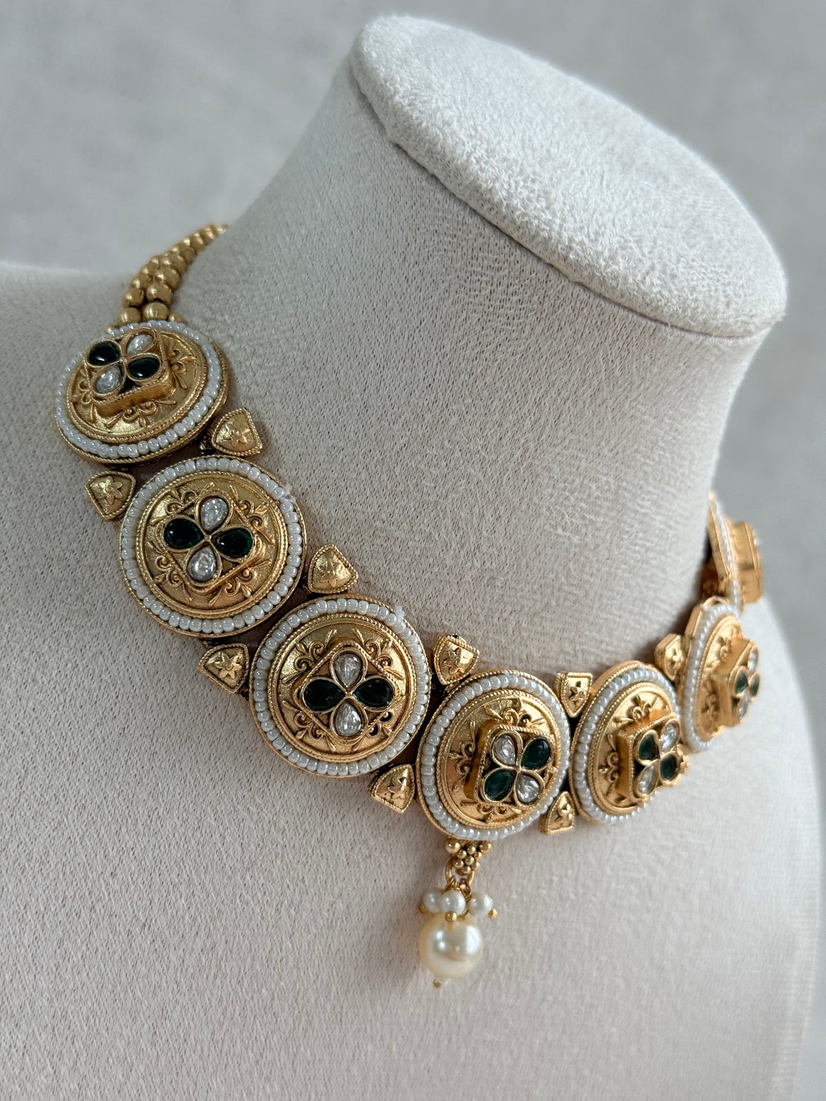 Ayura Designs Kaya Necklace Set with Earrings – Emerald Green Kundan Stones, Pearls & Antique Gold Finish
