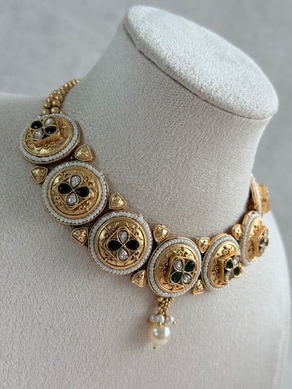 Ayura Designs Kaya Necklace Set with Earrings – Emerald Green Kundan Stones, Pearls & Antique Gold Finish