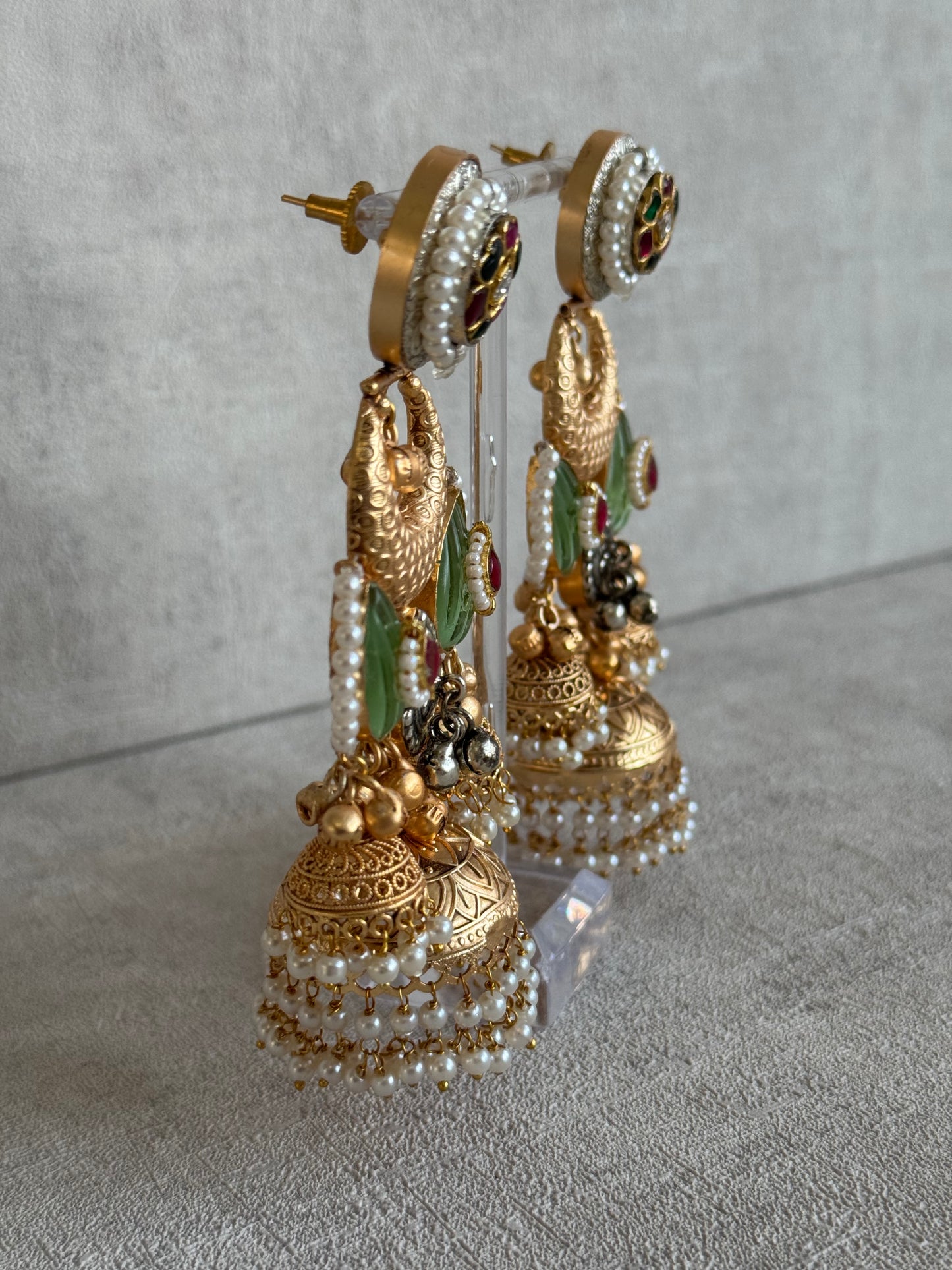 Ayura Designs Wajiha Earrings – Antique Gold Chandbalis with Meenakari Studs, Crescent Drops, Mint Enamel Petals & Layered Pearl Jhumkas
