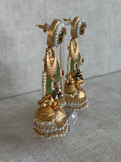 Ayura Designs Wajiha Earrings – Antique Gold Chandbalis with Meenakari Studs, Crescent Drops, Mint Enamel Petals & Layered Pearl Jhumkas