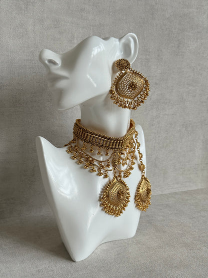 Ayura Designs Sahira Choker Set with Earrings & Tikka – Gold Engraved Choker with Floral Pendant & Ghungroo Detailing