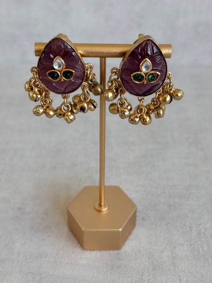 Ayura Designs Aykai Earrings – Plum Carved Teardrop Stud Earrings with Clear Kundan Stones and Gold Ghungroo Drops