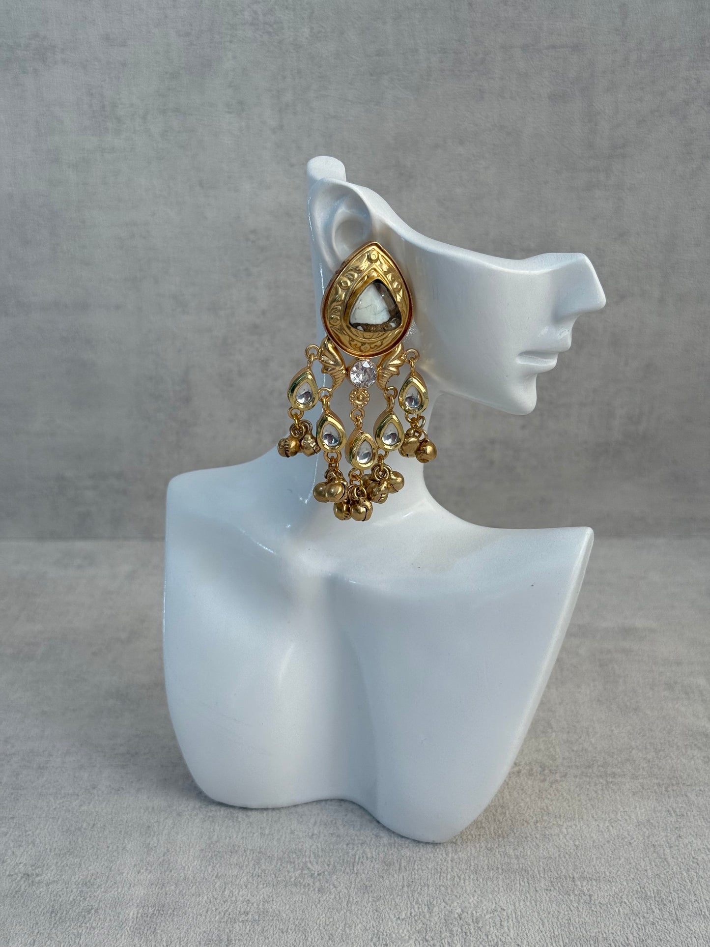 Ayura Designs Arheer Earrings – White & Bronze Marble with Kundan Detailing & Antique Gold Ghungroos