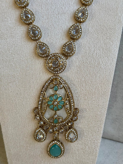 Ayura Designs Ayaani Long Necklace/Haar Set — Exquisite Turquoise and Gold Ensemble with Earrings & Tikka