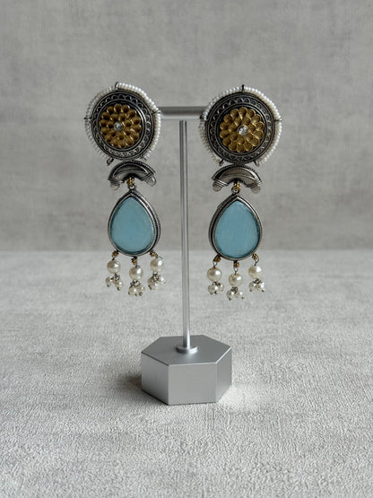 Ayura Designs Nazm Earrings – Dual Tone Oxidised Statement Earrings with Aqua Blue Stones & Pearl Clusters