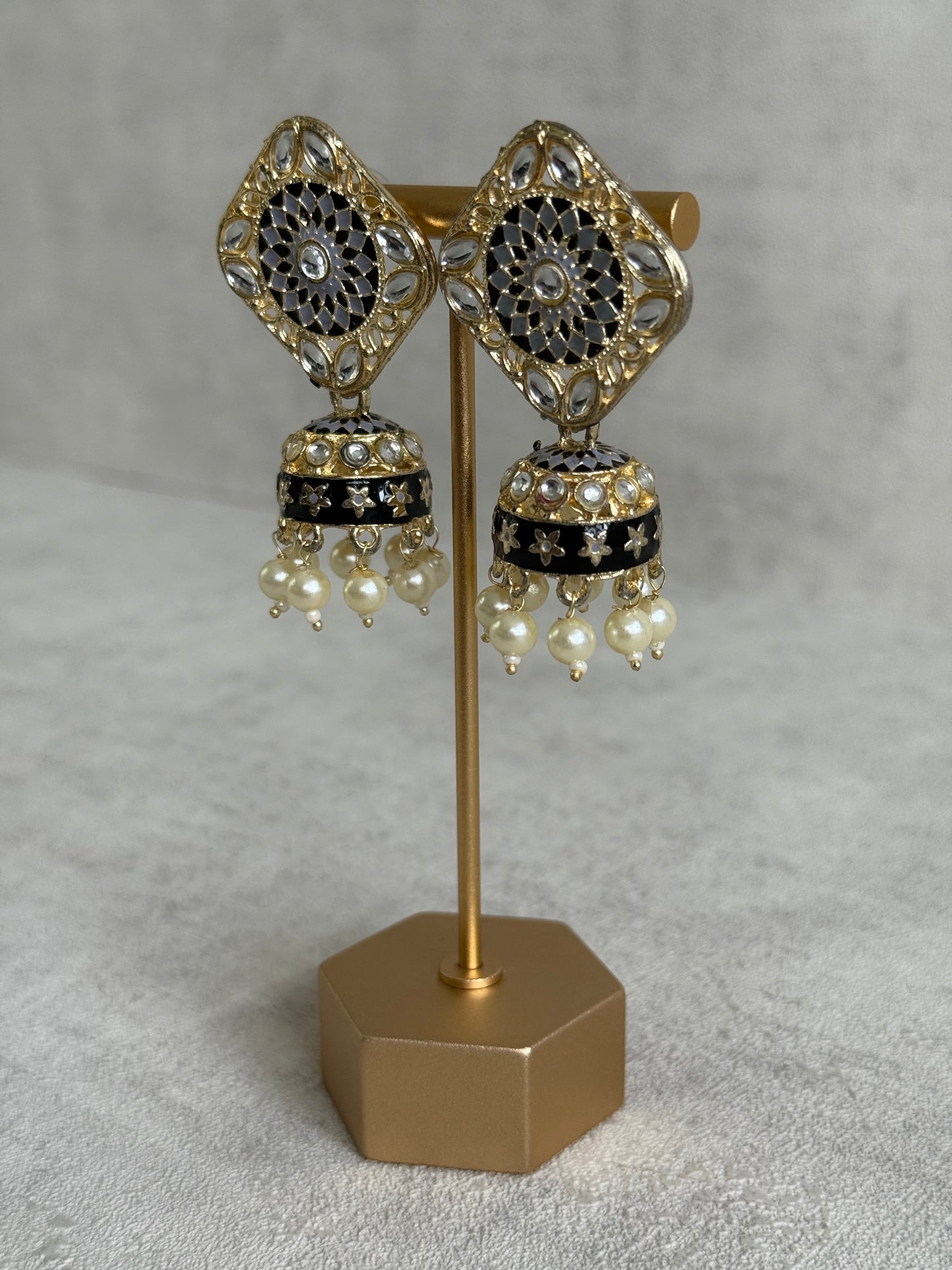 Ayura Designs Rangoli Jhumkis – Silver, Black & Ivory Meenakari with Pearl Drops in Antique Gold Finish