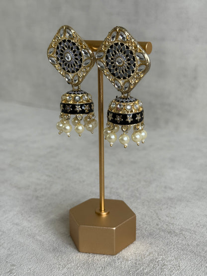 Ayura Designs Rangoli Jhumkis – Silver, Black & Ivory Meenakari with Pearl Drops in Antique Gold Finish