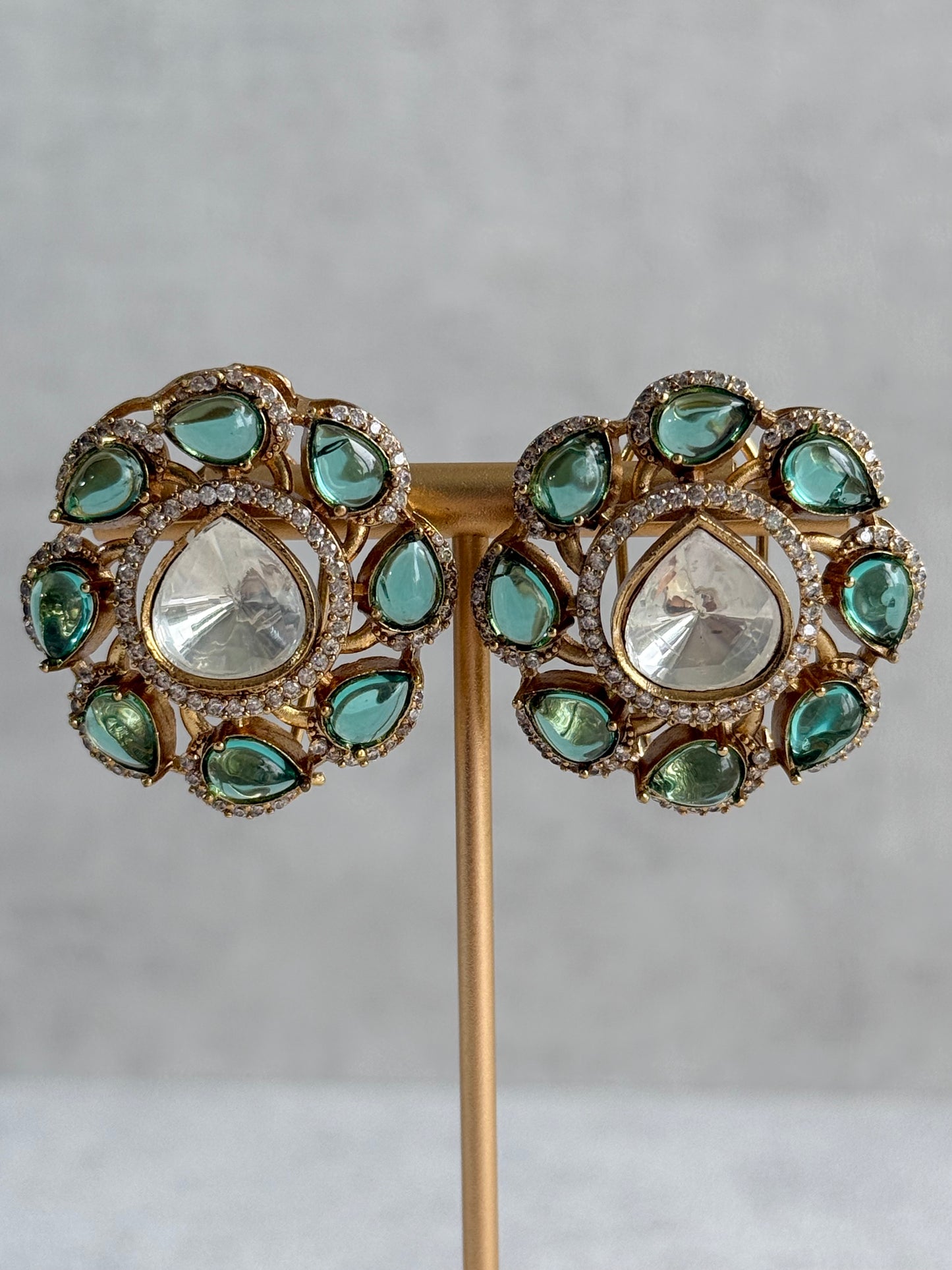 Ayura Designs Giana Stud Earrings – Aqua Green & Crystal Kundan with Gold Finish