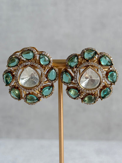 Ayura Designs Giana Stud Earrings – Aqua Green & Crystal Kundan with Gold Finish