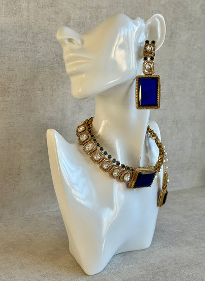 Ayura Designs Clara Set with Earrings & Tikka  – Royal Blue Stones with Moissanite and Antique Gold Finish