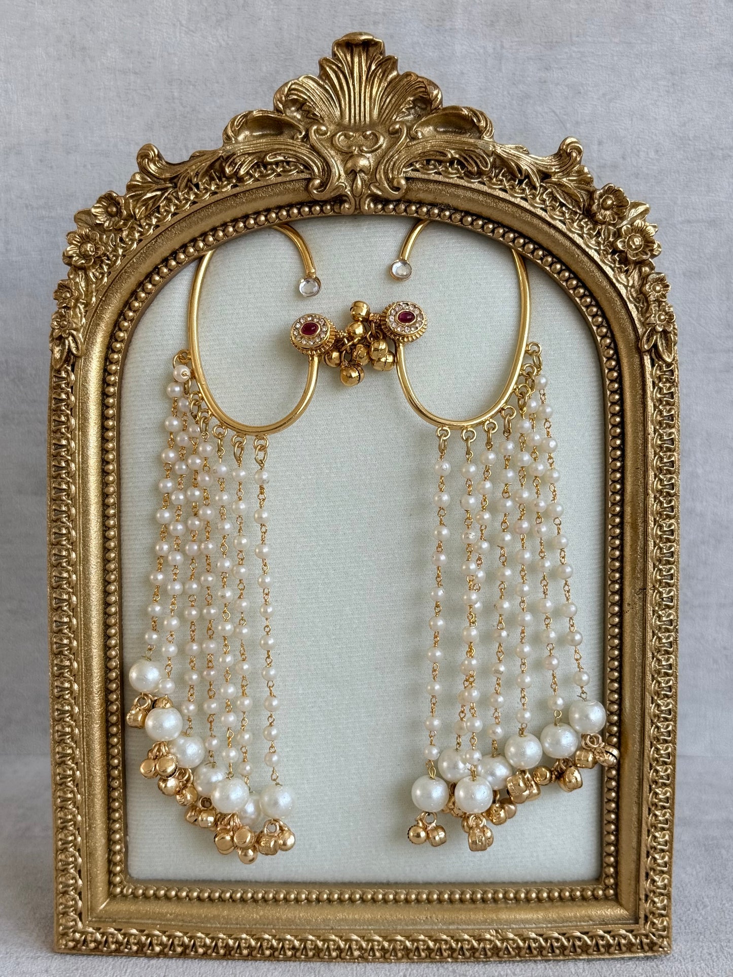 Ayura Designs Nargiza Ear Cuffs – Pearl Tassel Ear Cuffs with Ghungroo Detailing & Ruby Stone Accents