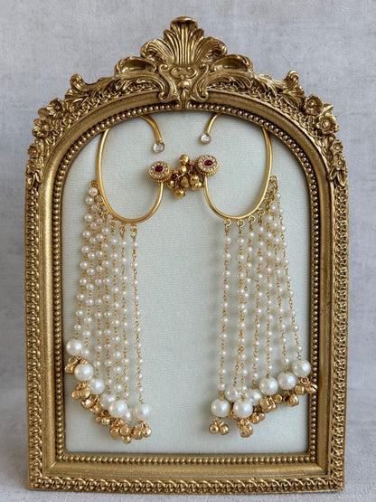 Ayura Designs Nargiza Ear Cuffs – Pearl Tassel Ear Cuffs with Ghungroo Detailing & Ruby Stone Accents