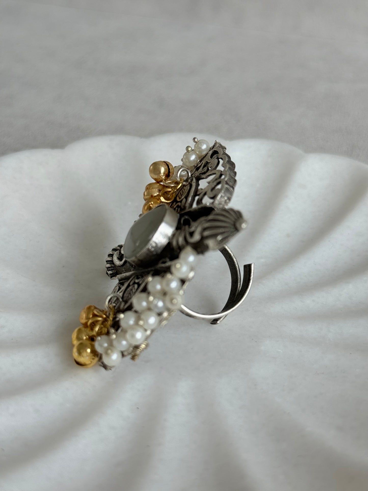 Ayura Designs Arshia Adjustable Ring – Oxidised Statement Ring with Pearl Detailing, Grey Stone & Ghungroo Charms