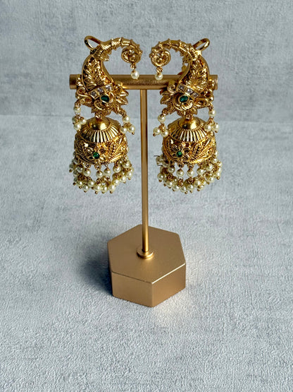 Ayura Designs Anika Jhumkis – Gold Half Ear Cuffs with Peacock Motif, Green Stone Accents, Kundan Crystals & Pearl Jhumka Drops