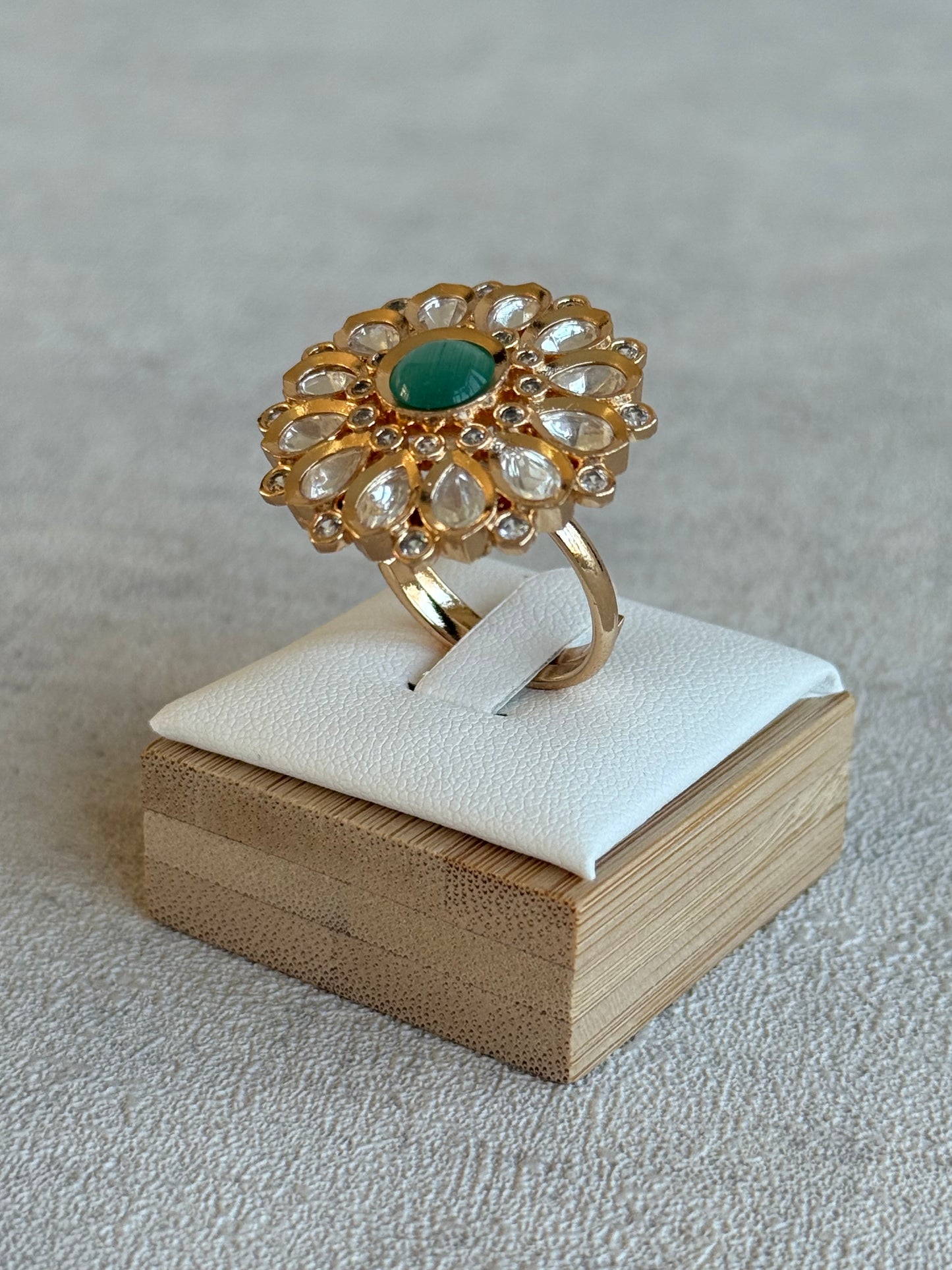 Ayura Designs Luisa Adjustable Ring – Mint Centre Stone with Crystal Petal Detailing