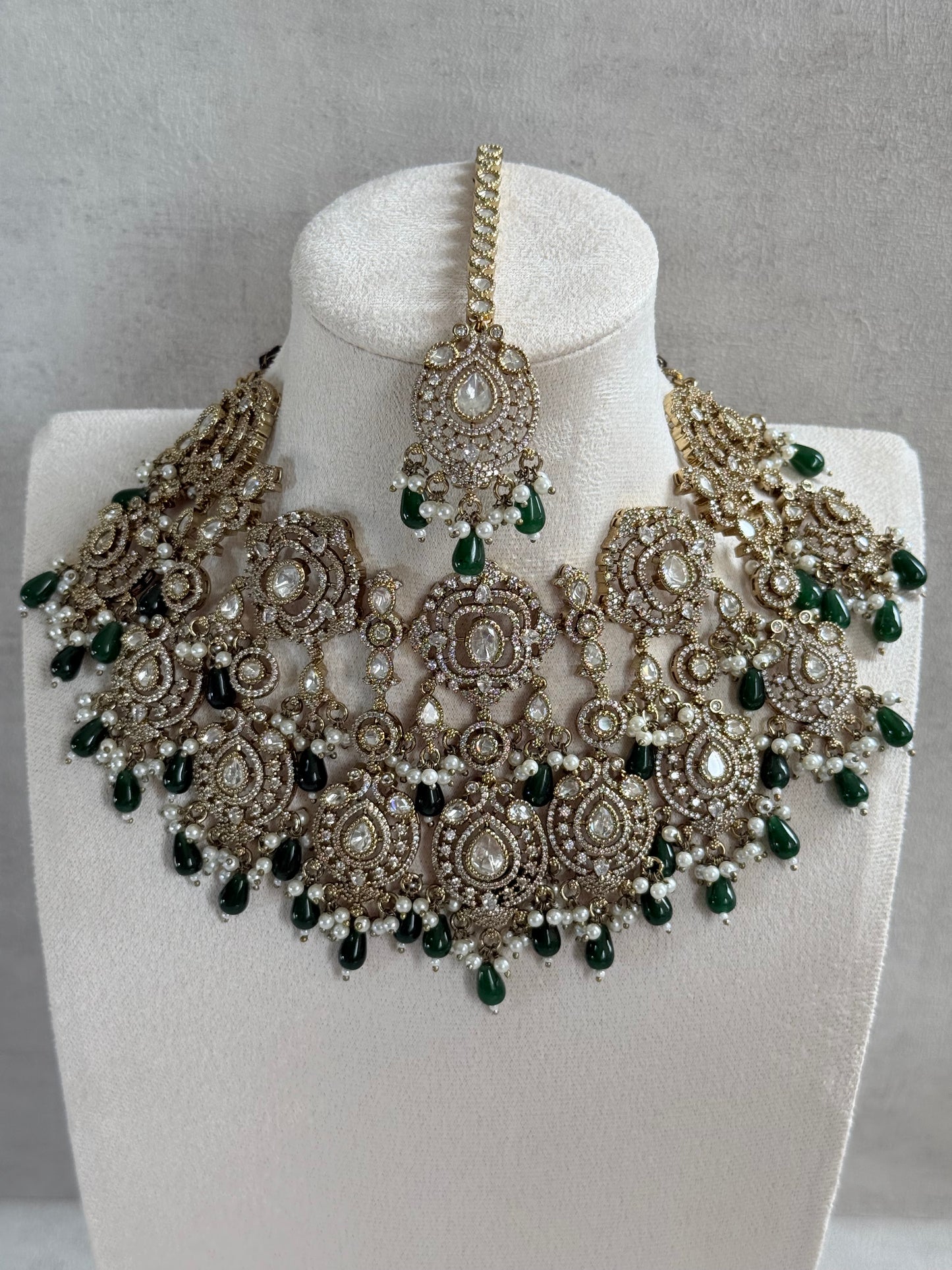 Ayura Designs Fazal Set with Necklace, Earrings & Tikka – Emerald Green Drops, Pearl Detailing & Moissanite Stonework