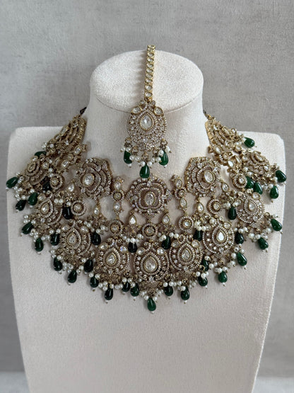 Ayura Designs Fazal Set with Necklace, Earrings & Tikka – Emerald Green Drops, Pearl Detailing & Moissanite Stonework