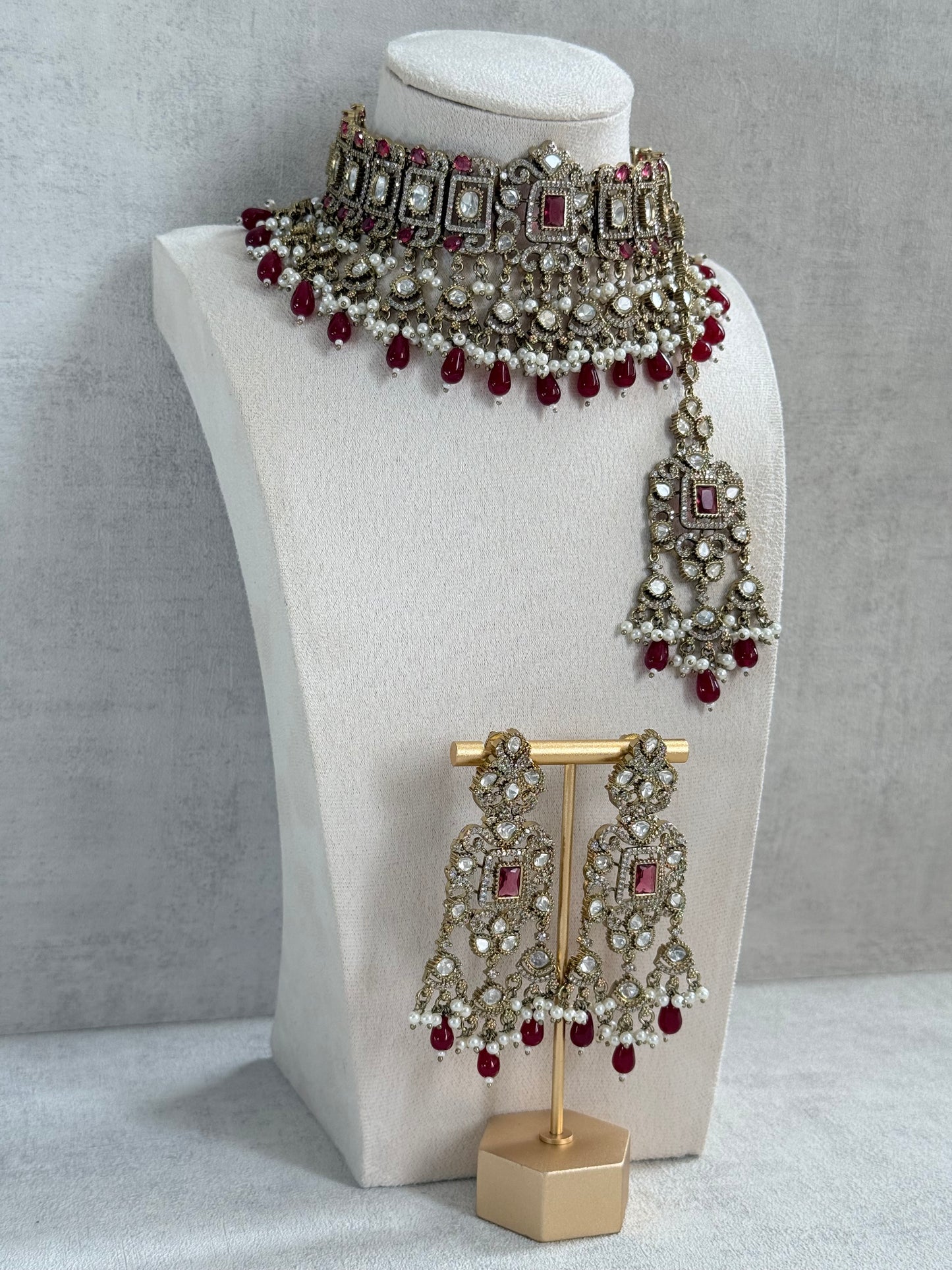 Ayura Designs Aisha Choker Set with Earrings & Tikka – Rani Pink Stones, Red Beads, Polki & Pearl Detailing