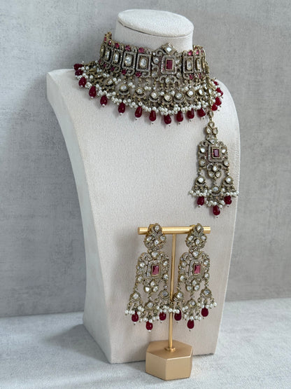 Ayura Designs Aisha Choker Set with Earrings & Tikka – Rani Pink Stones, Red Beads, Polki & Pearl Detailing