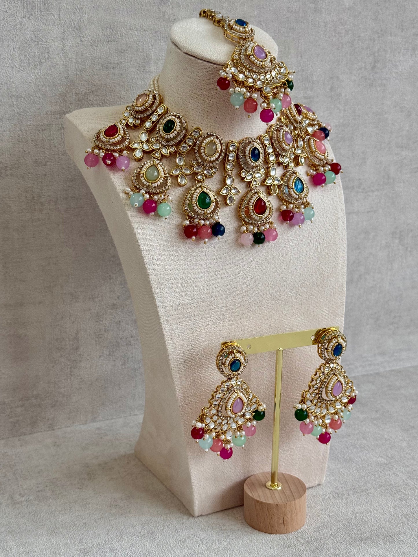 Ayura Designs Janvi Set with Necklace, Earrings & Tikka – Kundan Detailing, Multicolour Beads & Pearl Drops