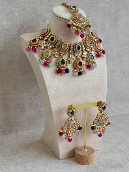 Ayura Designs Janvi Set with Necklace, Earrings & Tikka – Kundan Detailing, Multicolour Beads & Pearl Drops