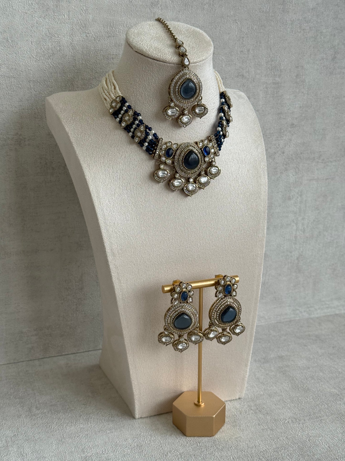 Ayura Designs Rahi Necklace Set with Earrings & Tikka – Ink Blue Stones with Mirror-Cut Detailing & Pearl Strands