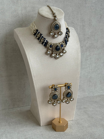 Ayura Designs Rahi Necklace Set with Earrings & Tikka – Ink Blue Stones with Mirror-Cut Detailing & Pearl Strands