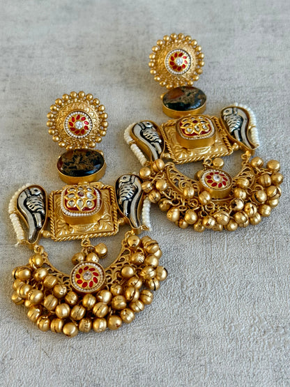 Ayura Designs Soha Earrings – Antique Gold with Smoky Amber Stone & Oxidised Parrots