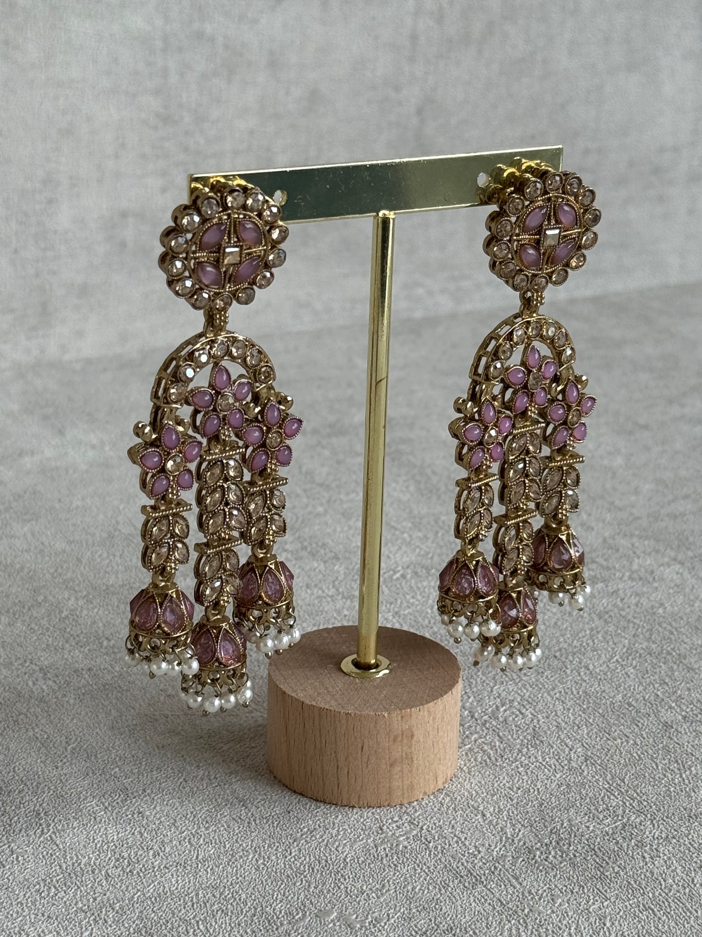 Ayura Designs Soraya Earrings – Lilac Stones, Champagne Crystals, Pearl Detailing & Gold Finish